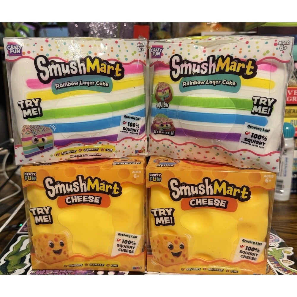 SMUSHMART RAINBOW LAYER CAKE & CHEESE SQUISHY STRESS RELIEF TOYS LOT OF 4